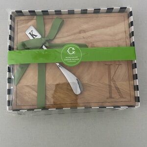 NWT. Monogram Cheese Board & Spreader - K Initial, Natural Wood